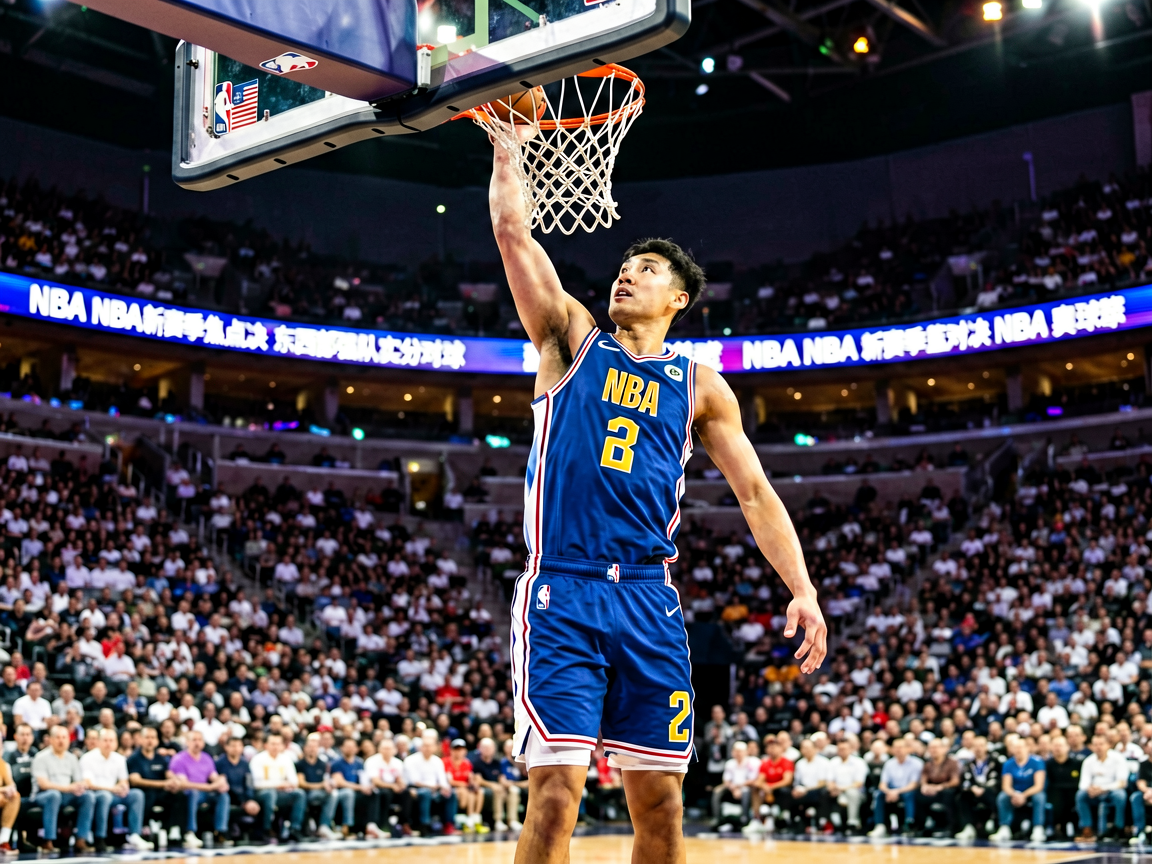 NBA篮球比赛中球员扣篮的精彩画面，球场灯光璀璨
