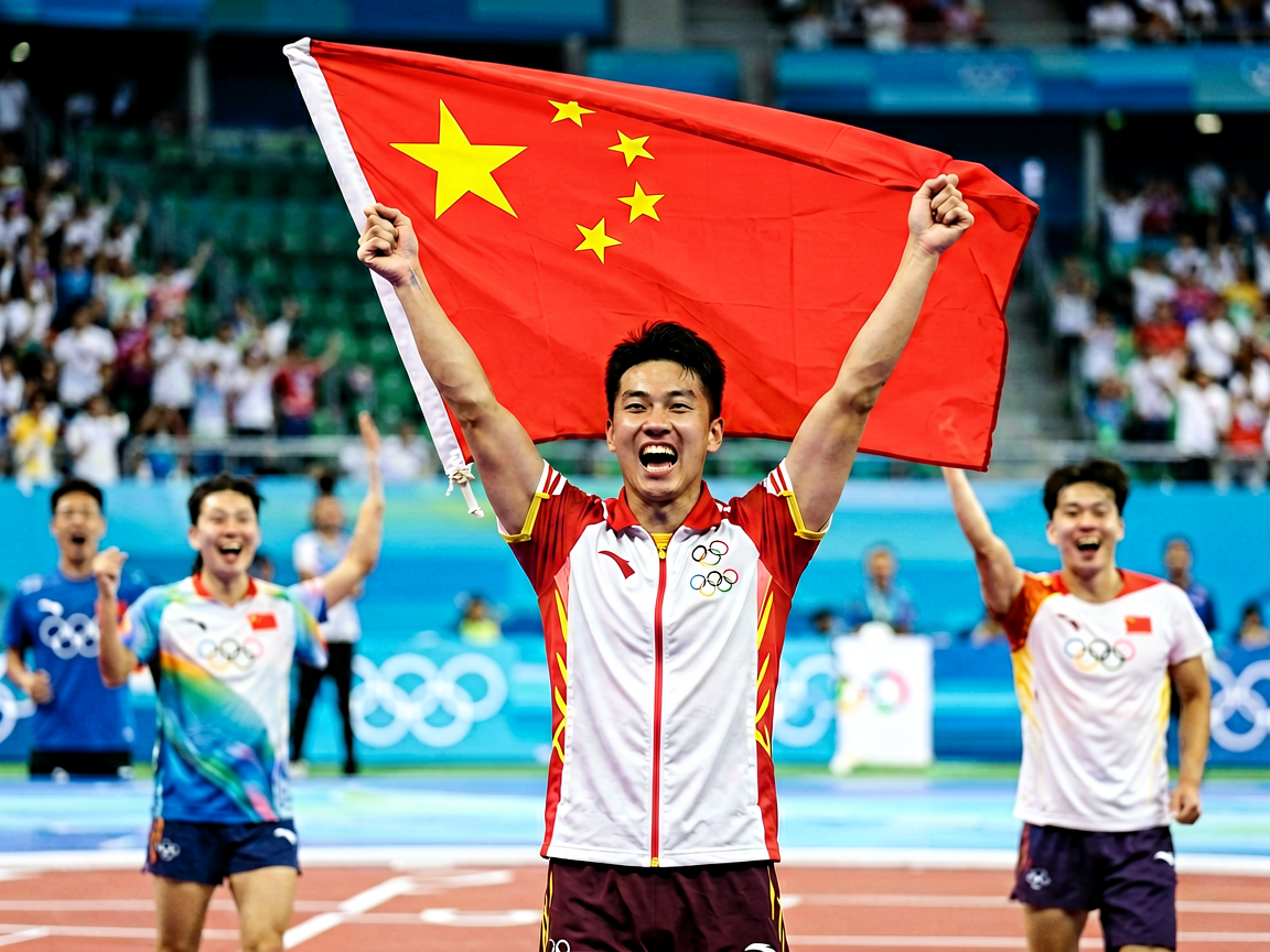 奥运赛场上中国运动员高举国旗庆祝胜利的瞬间