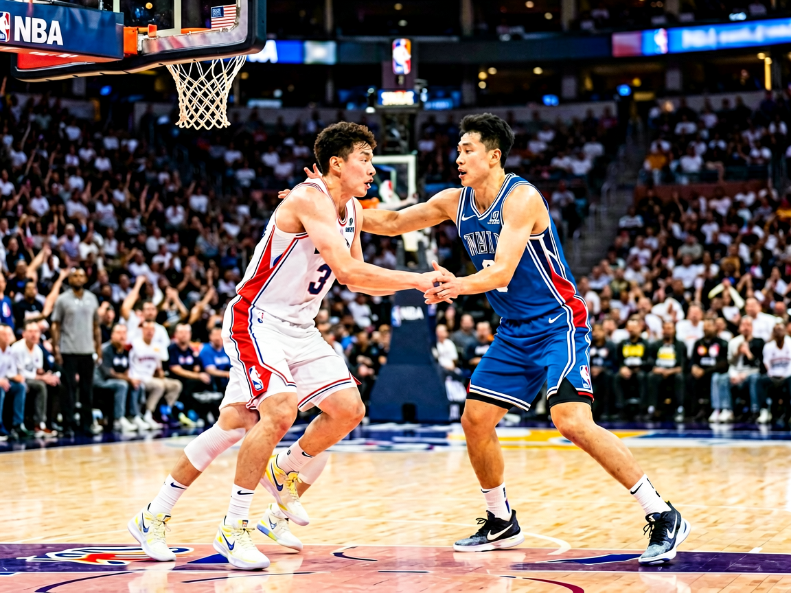 NBA总决赛现场，球员在球场上激烈对抗